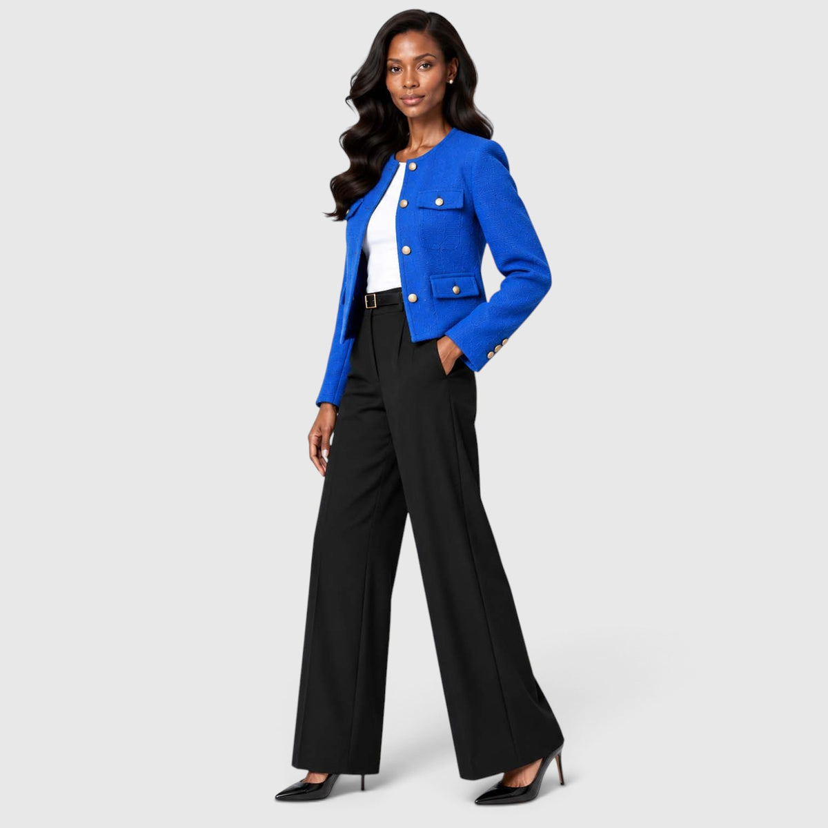 Women's Textured Tweed Cropped Blazer | Elegant Gold Button Jacket for Smart Occasions