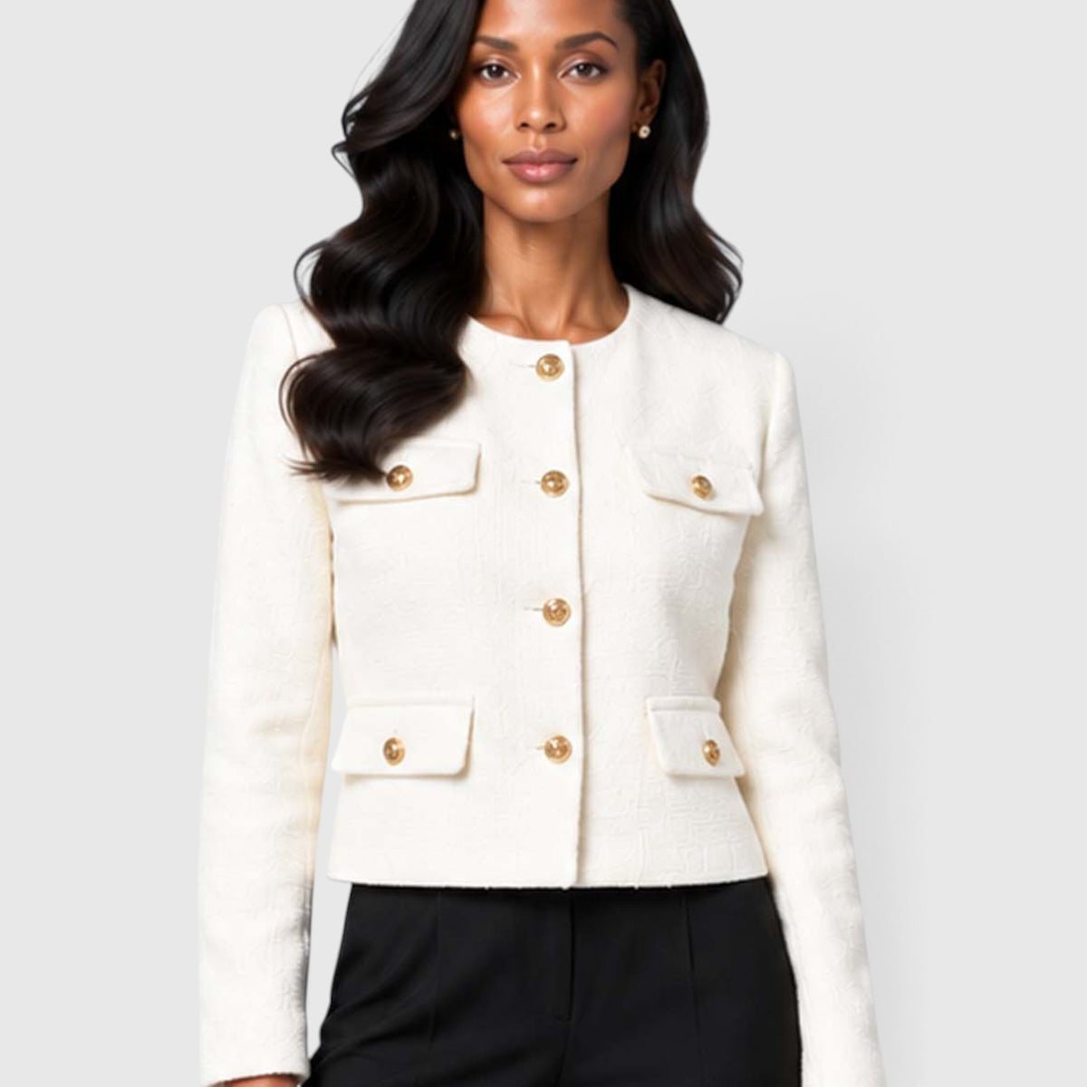 Monvaline | Women's Textured Tweed Cropped Blazer | Elegant Gold Button Jacket for Smart Occasions