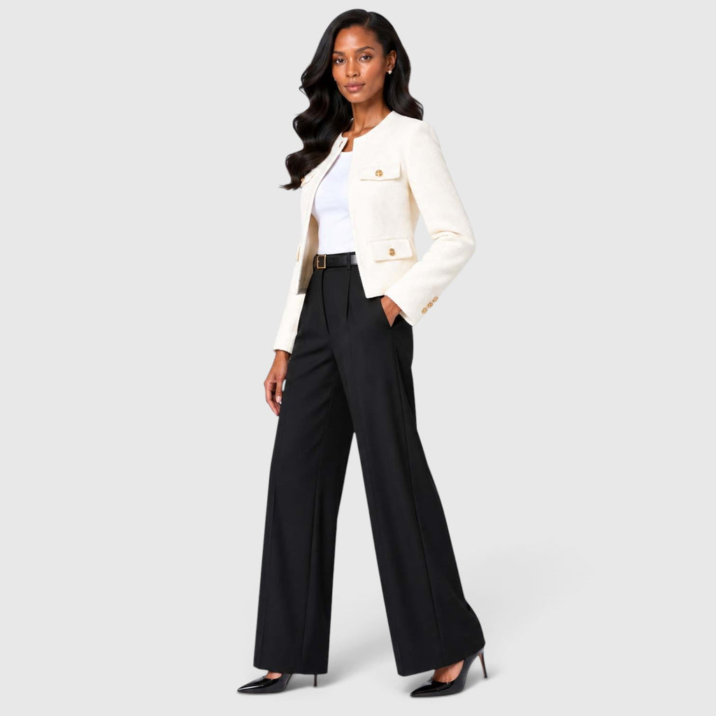 Women's Textured Tweed Cropped Blazer | Elegant Gold Button Jacket for Smart Occasions