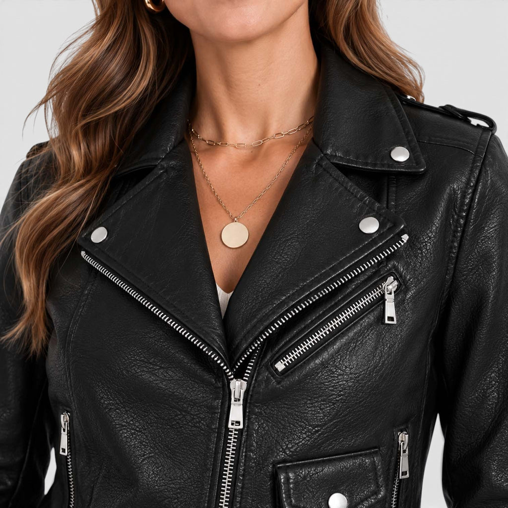 Women's Vegan Leather Biker Jacket | Stylish Asymmetric Zip Design with Fitted Cut