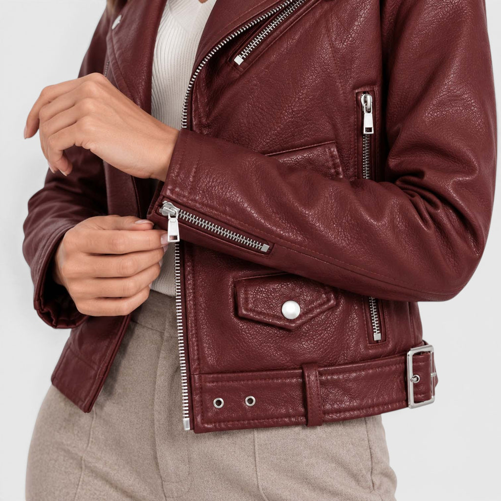 Women's Vegan Leather Biker Jacket | Stylish Asymmetric Zip Design with Fitted Cut