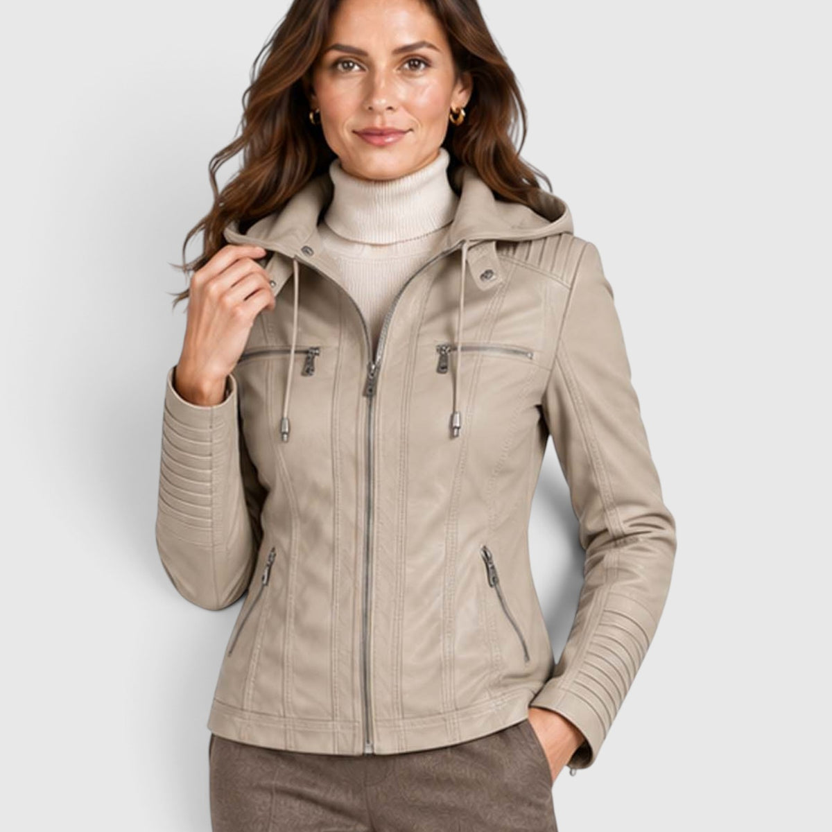 Monvaline | Women's Vegan Leather Biker Jacket - Stylish Fitted Moto Jacket with Removable Hood
