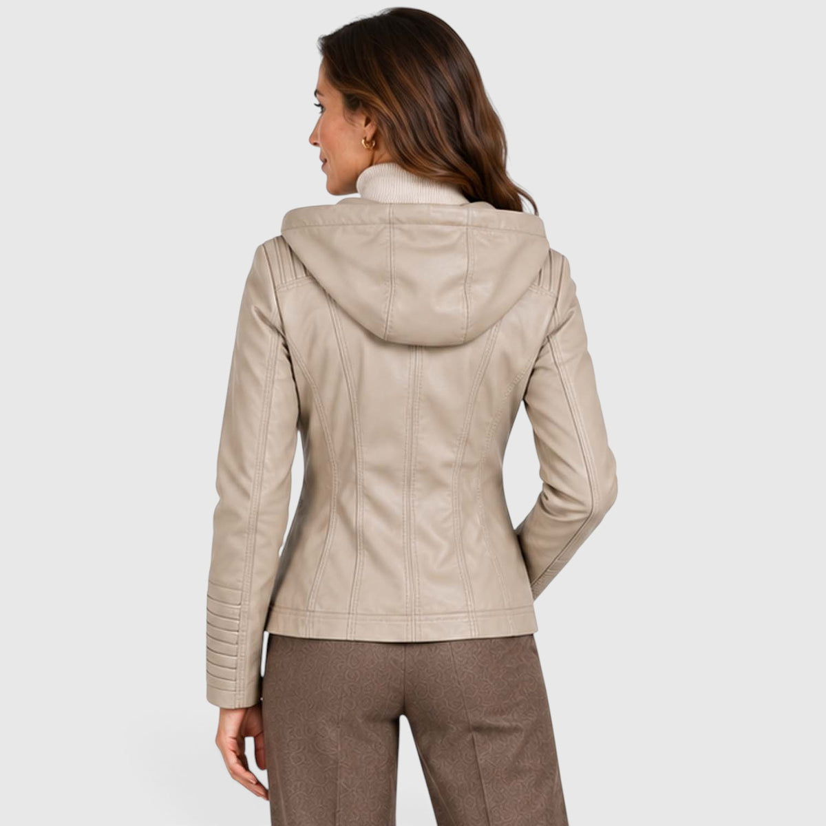 Women's Vegan Leather Biker Jacket | Stylish Fitted Moto Jacket with Removable Hood