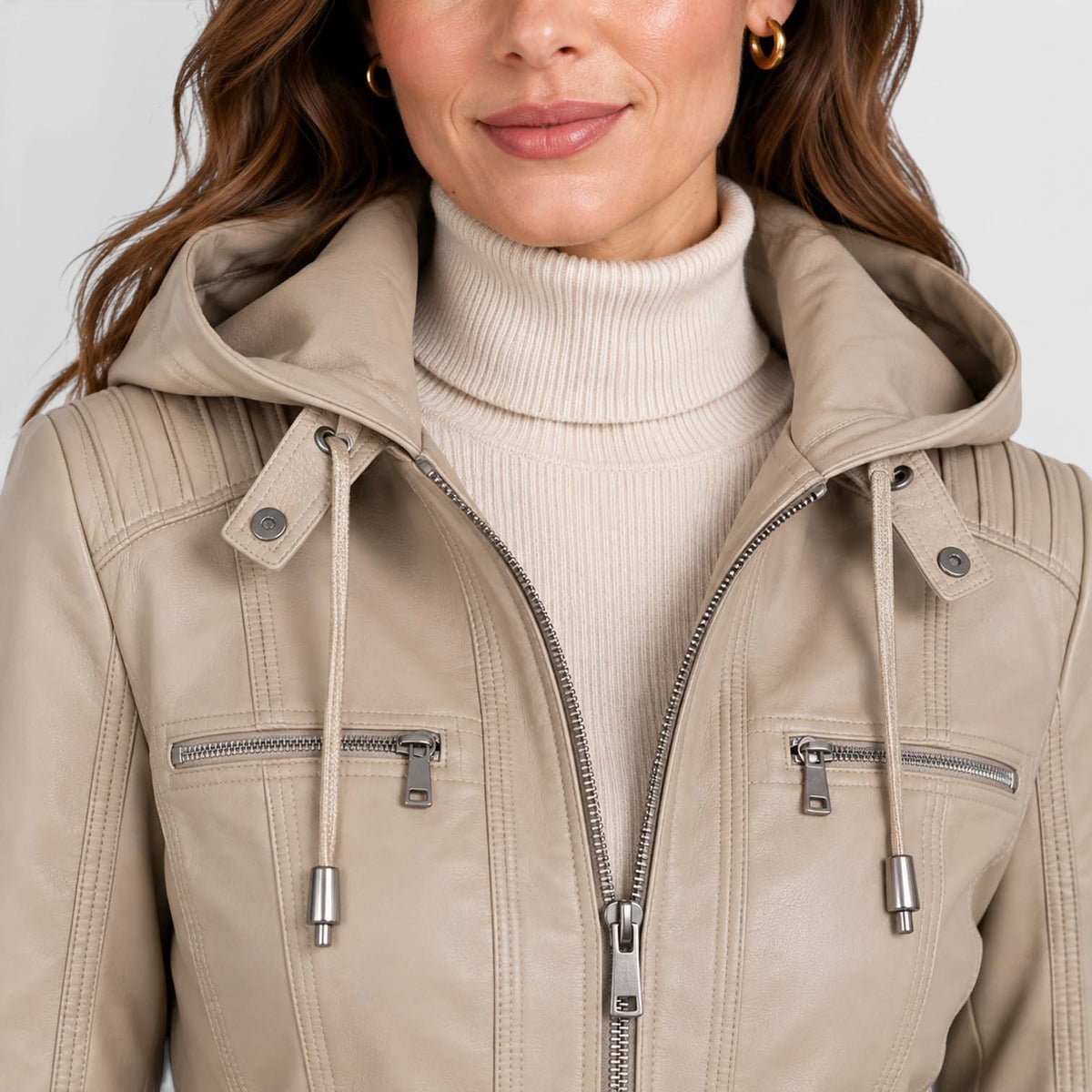 Women's Vegan Leather Biker Jacket | Stylish Fitted Moto Jacket with Removable Hood