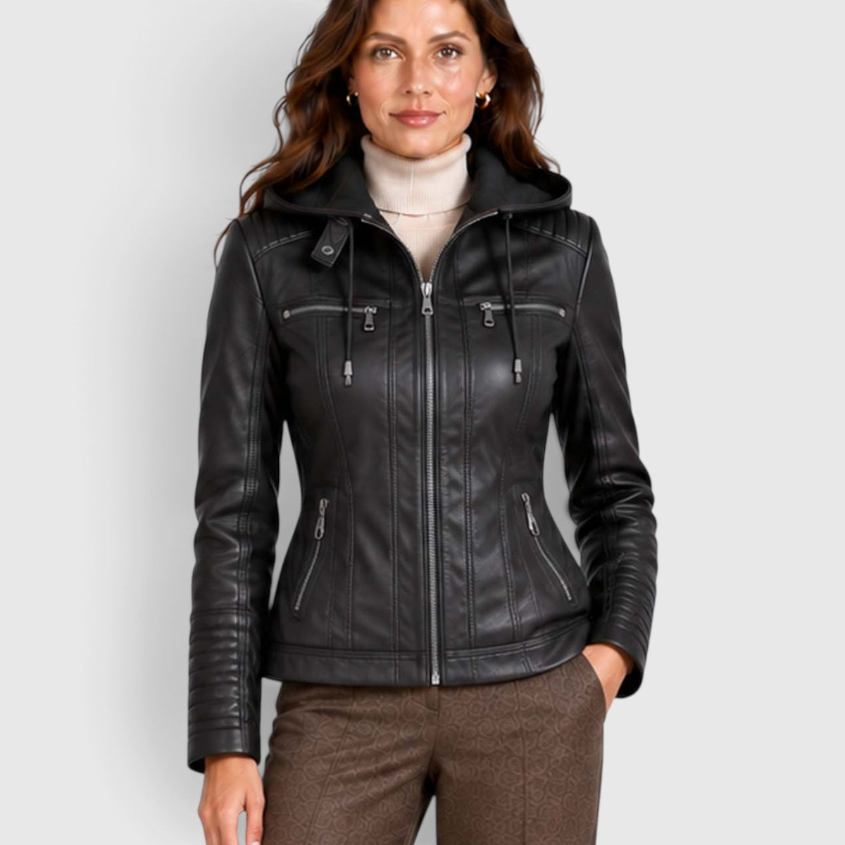 Monvaline | Women's Vegan Leather Biker Jacket - Stylish Fitted Moto Jacket with Removable Hood