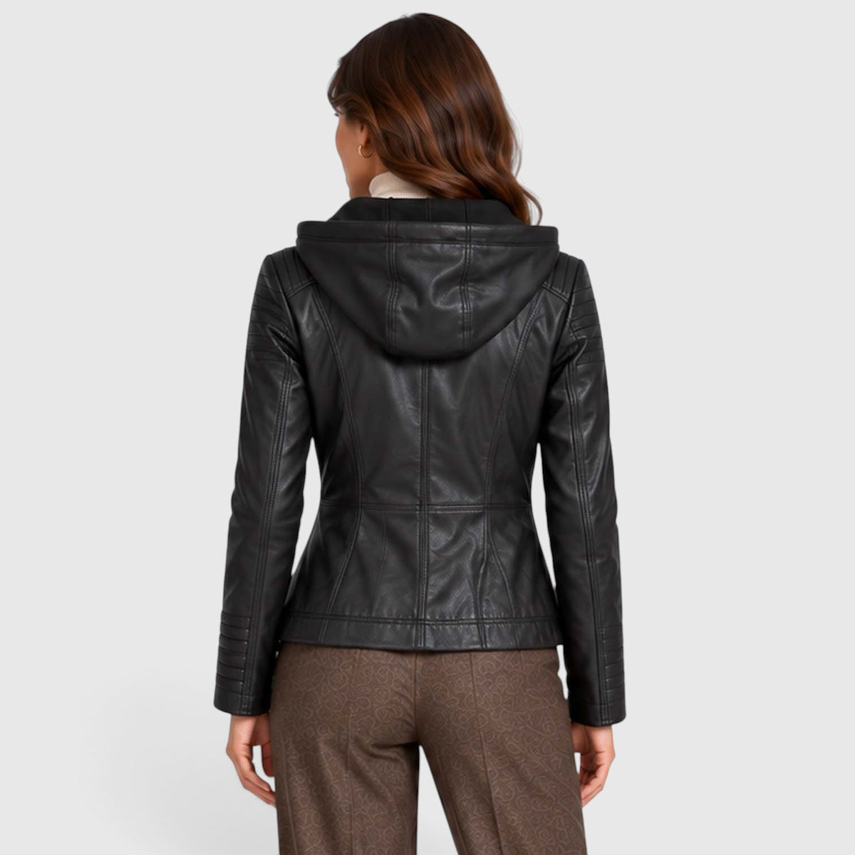 Women's Vegan Leather Biker Jacket | Stylish Fitted Moto Jacket with Removable Hood