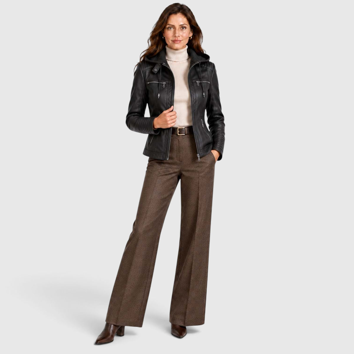 Women's Vegan Leather Biker Jacket | Stylish Fitted Moto Jacket with Removable Hood