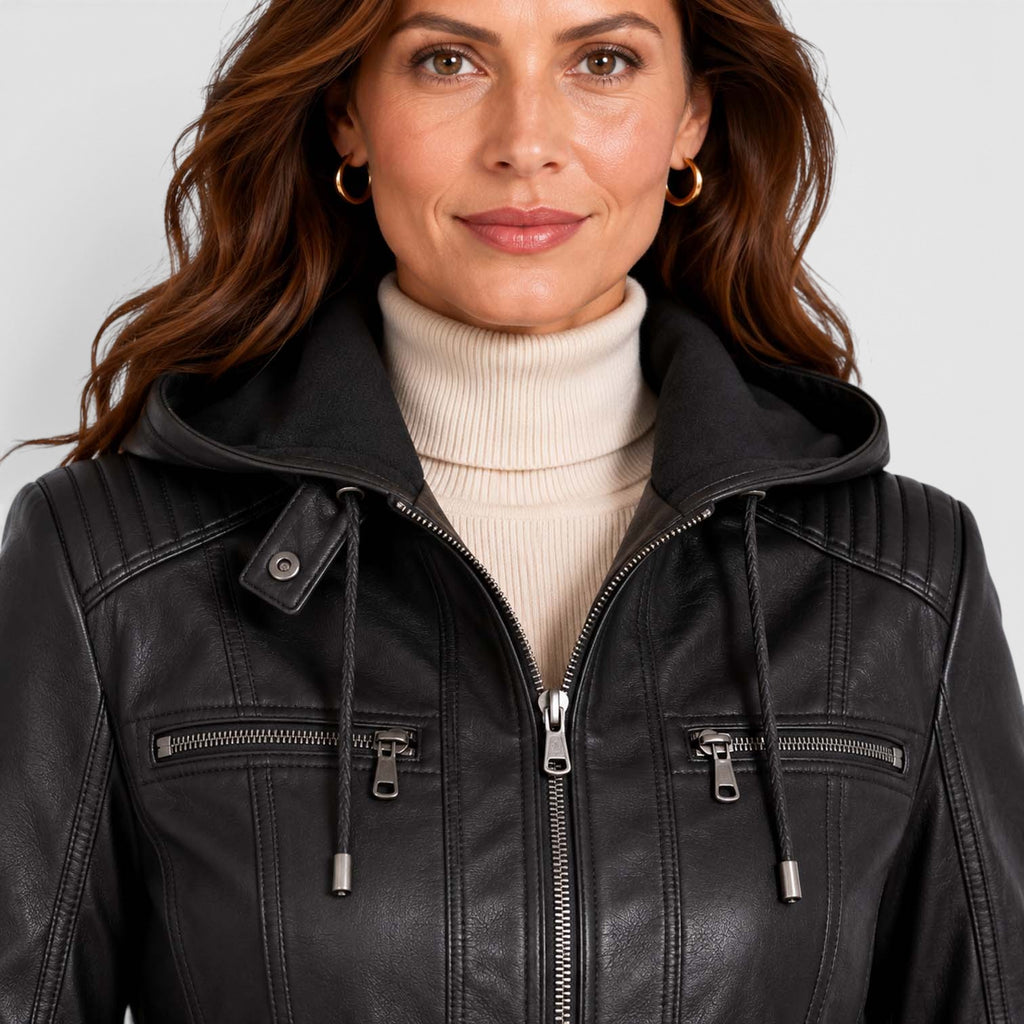 Women's Vegan Leather Biker Jacket | Stylish Fitted Moto Jacket with Removable Hood