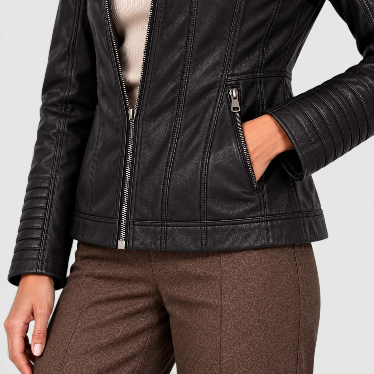 Women's Vegan Leather Biker Jacket | Stylish Fitted Moto Jacket with Removable Hood