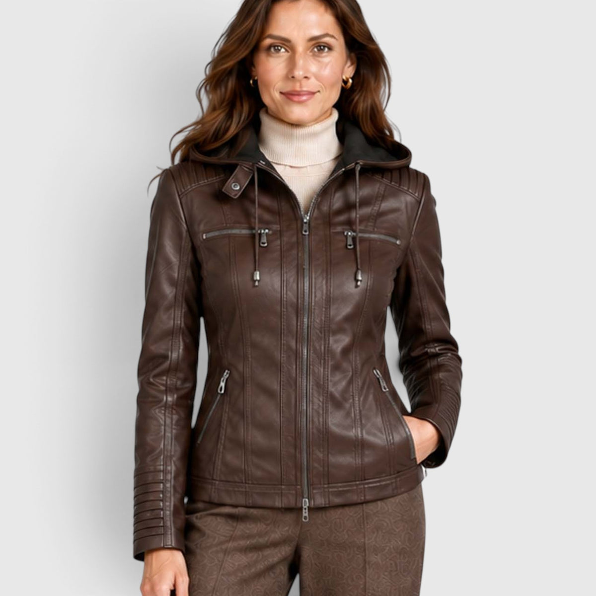 Monvaline | Women's Vegan Leather Biker Jacket - Stylish Fitted Moto Jacket with Removable Hood