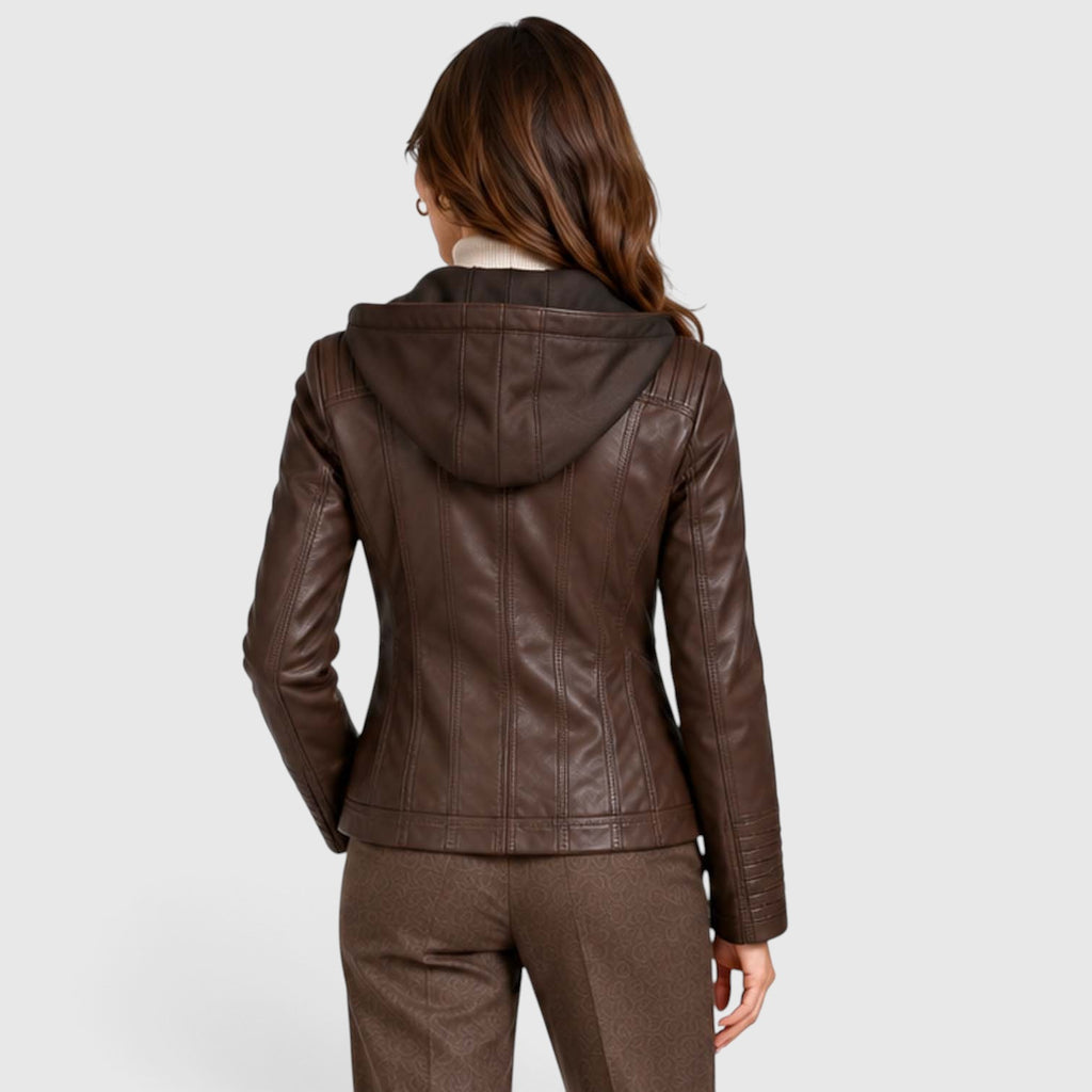 Women's Vegan Leather Biker Jacket | Stylish Fitted Moto Jacket with Removable Hood