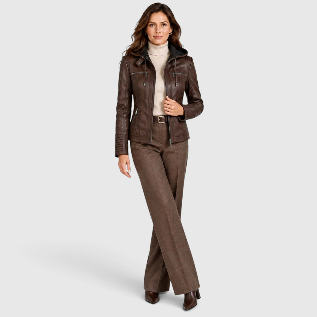 Women's Vegan Leather Biker Jacket | Stylish Fitted Moto Jacket with Removable Hood