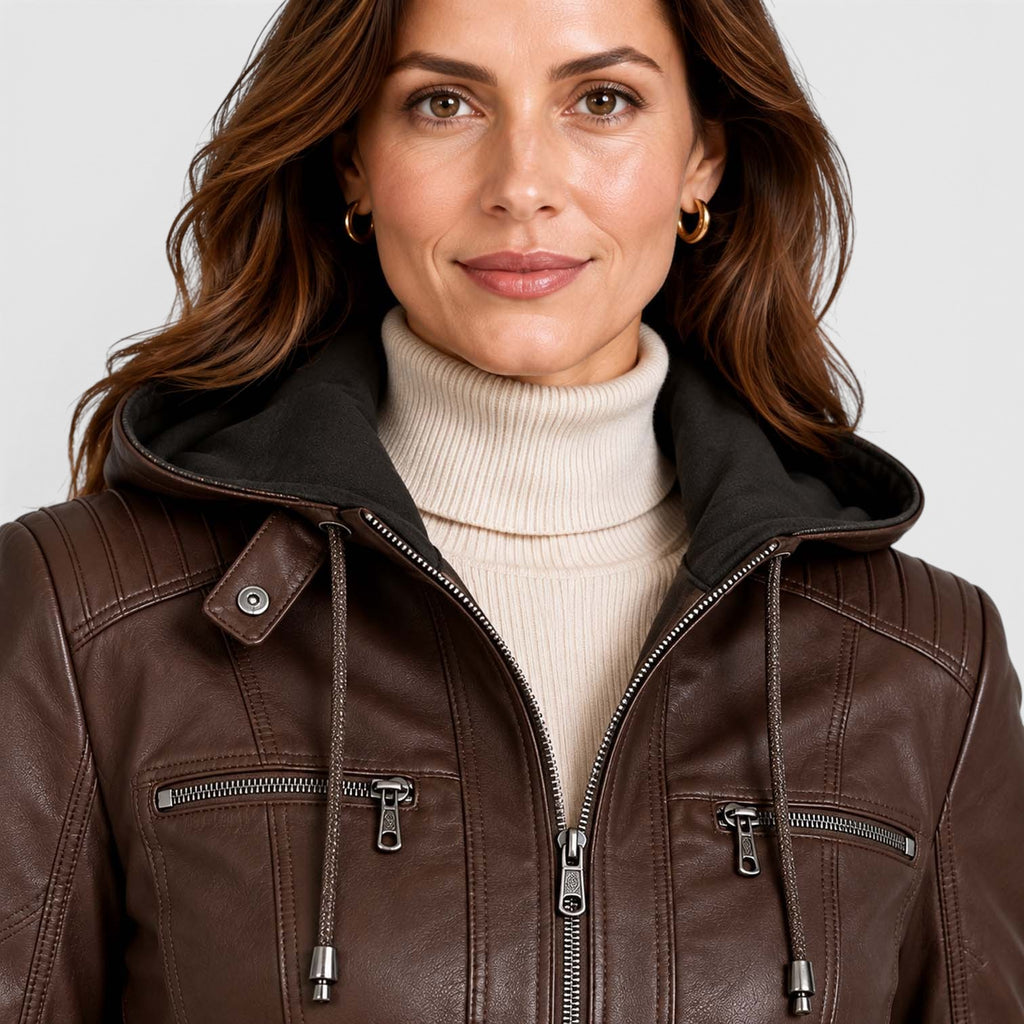 Women's Vegan Leather Biker Jacket | Stylish Fitted Moto Jacket with Removable Hood