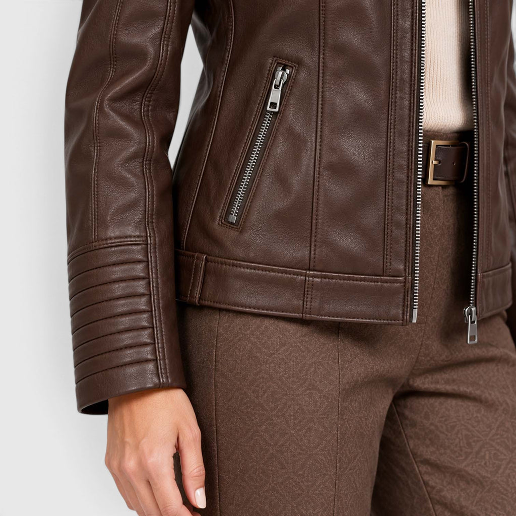 Women's Vegan Leather Biker Jacket | Stylish Fitted Moto Jacket with Removable Hood