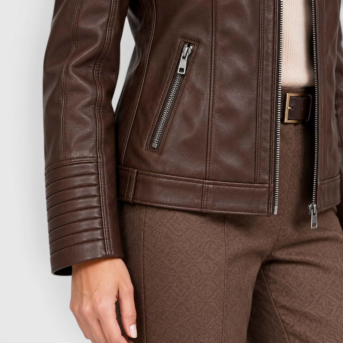 Women's Vegan Leather Biker Jacket | Stylish Fitted Moto Jacket with Removable Hood