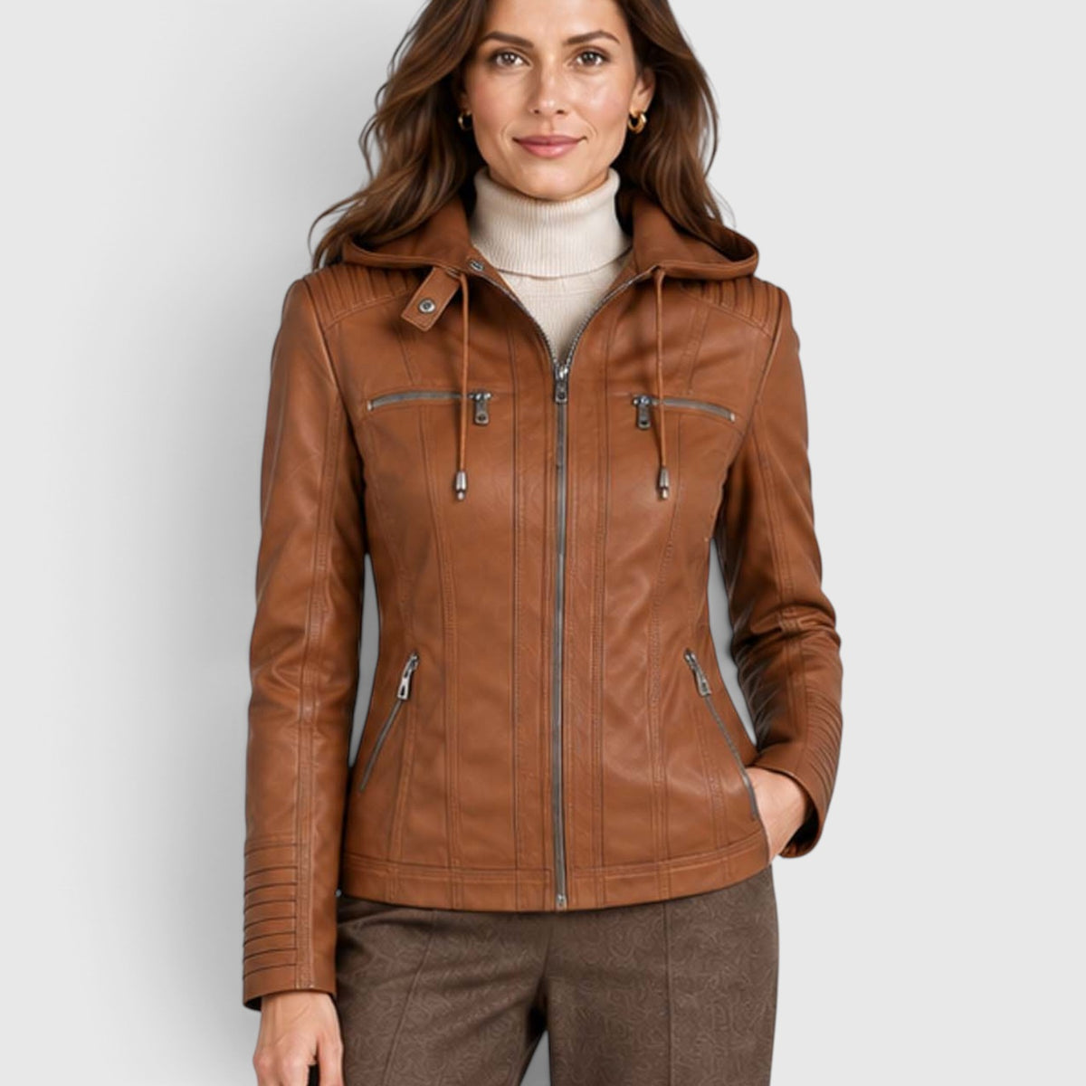 Women's Vegan Leather Biker Jacket | Stylish Fitted Moto Jacket with Removable Hood