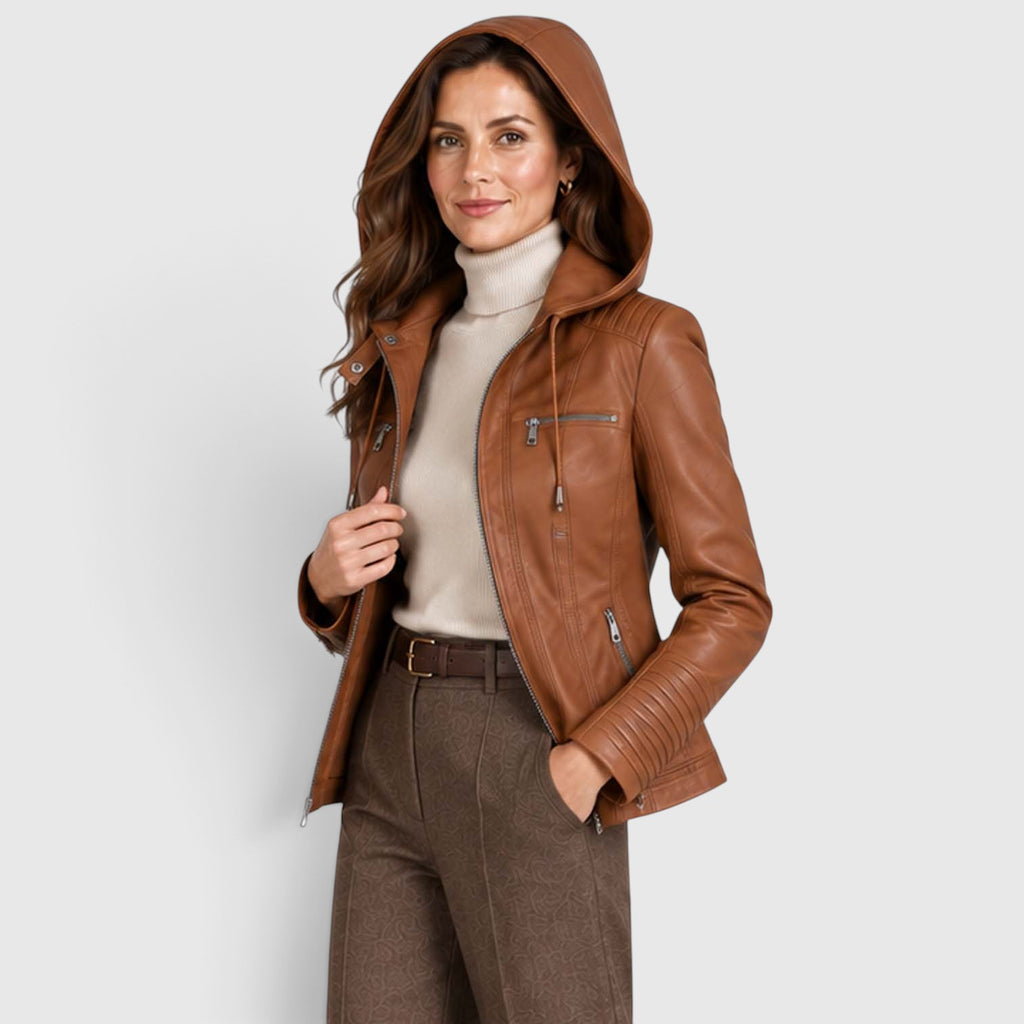 Women's Vegan Leather Biker Jacket | Stylish Fitted Moto Jacket with Removable Hood