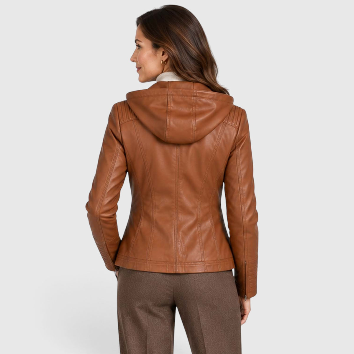 Women's Vegan Leather Biker Jacket | Stylish Fitted Moto Jacket with Removable Hood