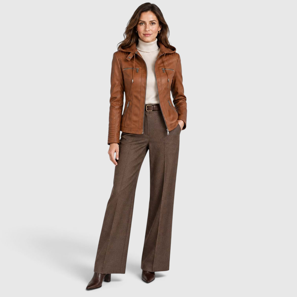 Women's Vegan Leather Biker Jacket | Stylish Fitted Moto Jacket with Removable Hood