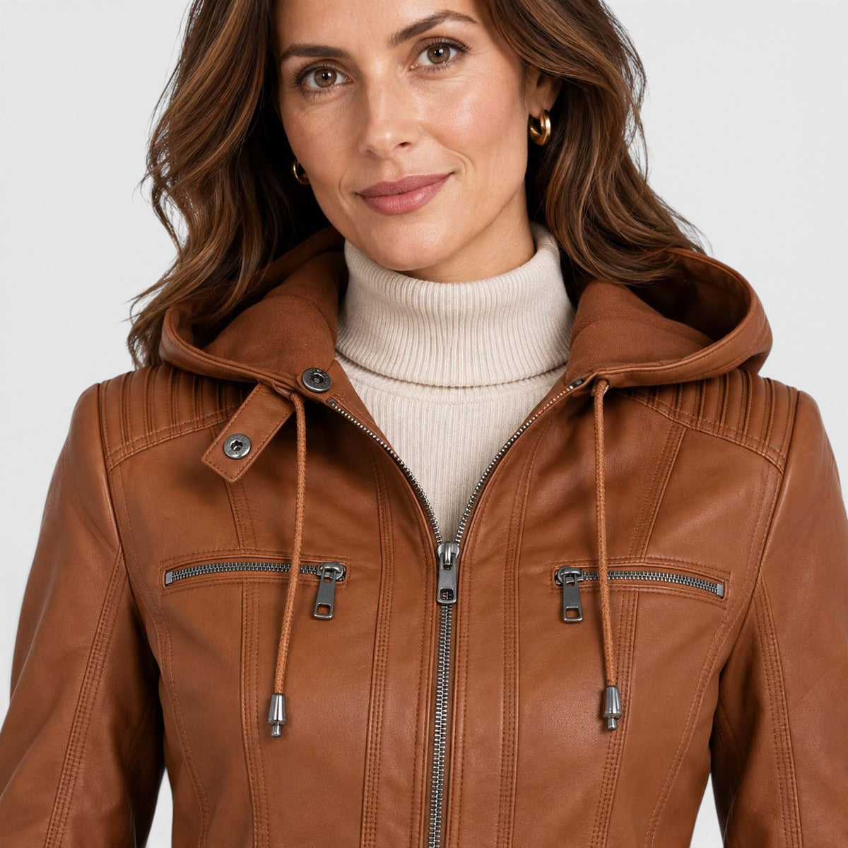 Women's Vegan Leather Biker Jacket | Stylish Fitted Moto Jacket with Removable Hood