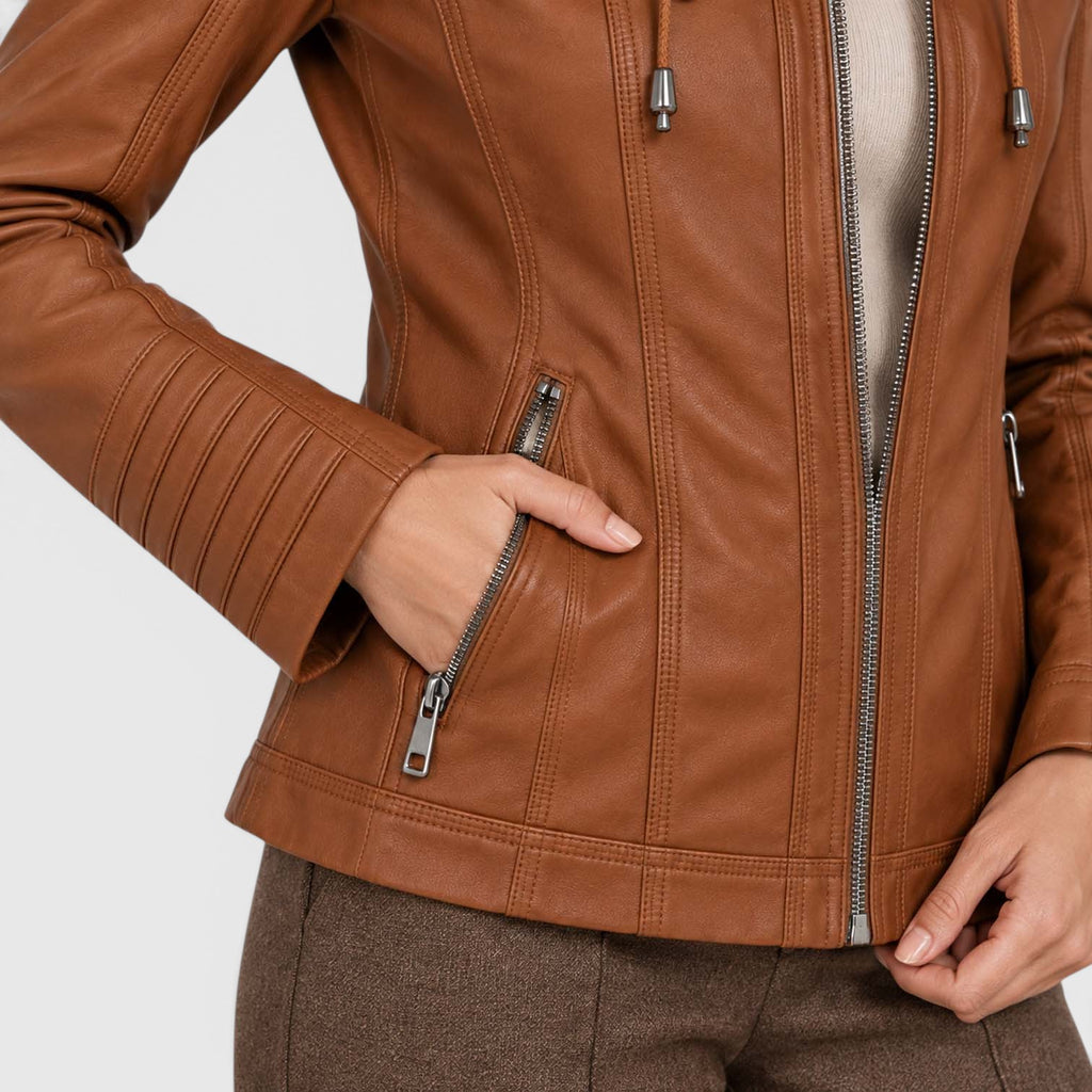 Women's Vegan Leather Biker Jacket | Stylish Fitted Moto Jacket with Removable Hood